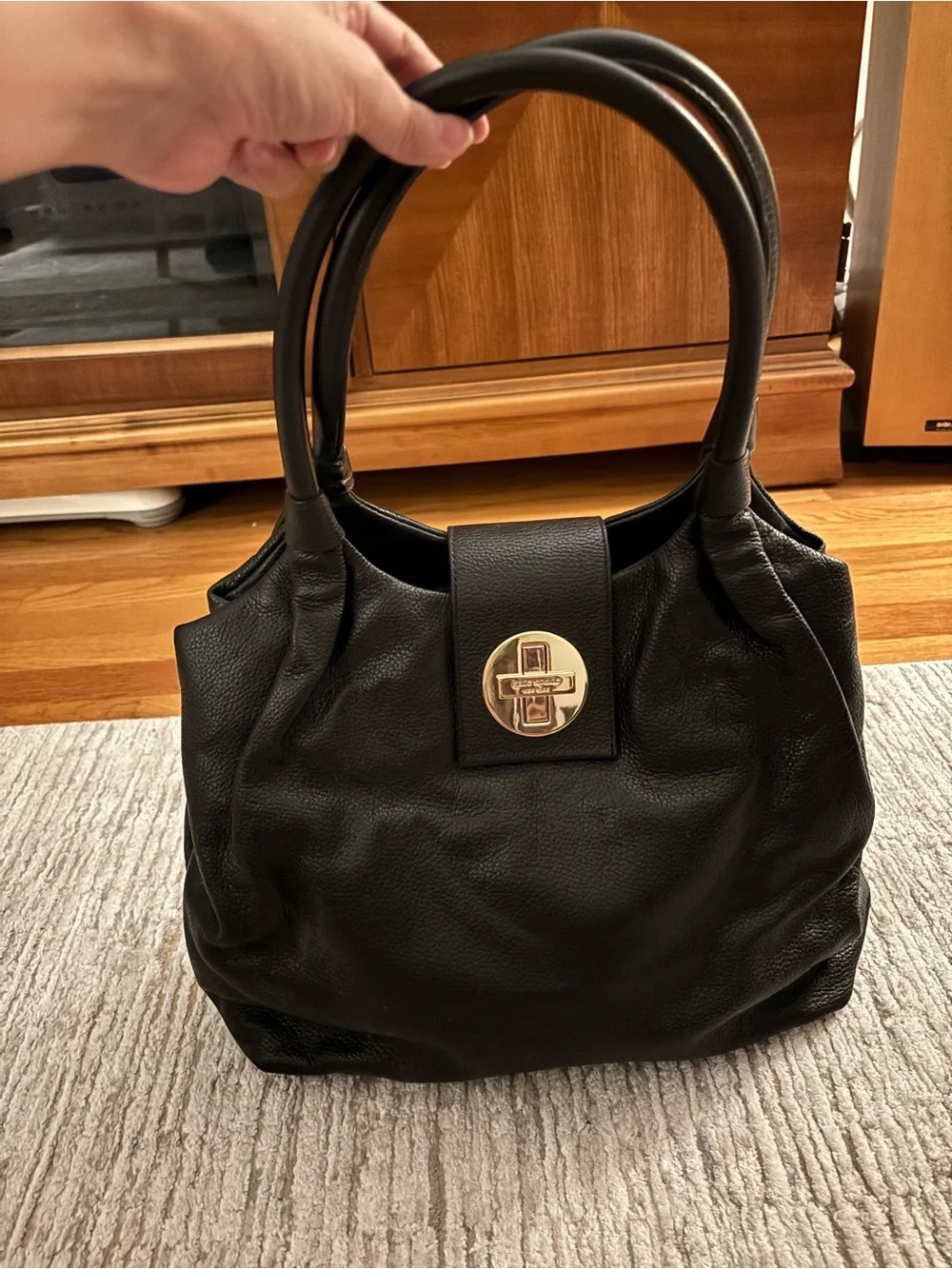 kate spade Black Pebbled Leather Shoulder Bag with Gold Turn-Lock